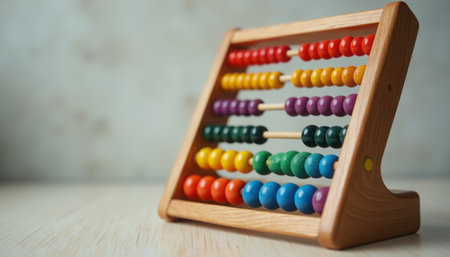 This vibrant wooden abacus, featuring rows of colorful beads, stands proudly on a light wooden surface, inviting playful learning. The bright hues of yellow, green, purple, and red create a cheerful atmosphere, perfect for sparking curiosity in children.の素材