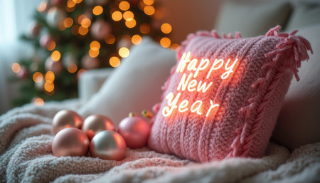 A soft pink knitted pillow with Happy New Year glowing warmly sits on a plush blanket, surrounded by shimmering rose gold ornaments. The background features a beautifully lit Christmas tree, creating a festive and inviting atmosphere perfect for welcoming the new year.の素材