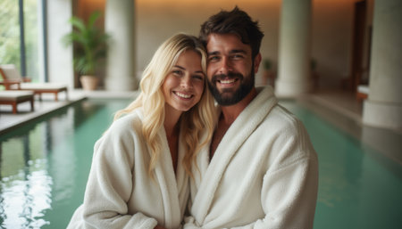 A joyful couple, dressed in plush white spa robes, beams with happiness as they pose by a serene indoor pool. Their radiant smiles and relaxed demeanor capture the essence of luxury and tranquility, inviting viewers to experience the bliss of a spa retreat.の素材