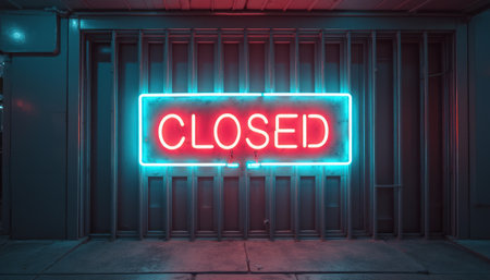 The striking neon sign reading CLOSED glows in bright red and blue, casting a captivating light in a shadowy urban setting. This image captures the essence of a quiet night, evoking feelings of solitude and anticipation in a bustling city.の素材