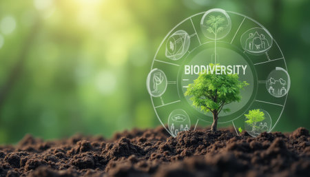 A vibrant young tree emerges from rich, dark soil, symbolizing the essence of biodiversity. Surrounding the tree are eco-friendly icons that represent various aspects of environmental conservation, creating a harmonious blend of nature and technology.の素材