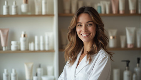 A confident woman in a white lab coat beams with a warm smile, surrounded by an array of skincare products on shelves. Her friendly demeanor and professional attire create an inviting atmosphere, perfect for a beauty consultation.の素材