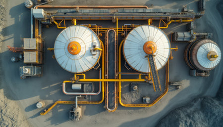 This striking aerial image showcases two large industrial storage tanks, connected by a network of vibrant yellow pipes against a backdrop of gray terrain. The intricate design and bold colors highlight the complexity and scale of modern industrial operations, evoking a sense of innovation and efficiency.の素材