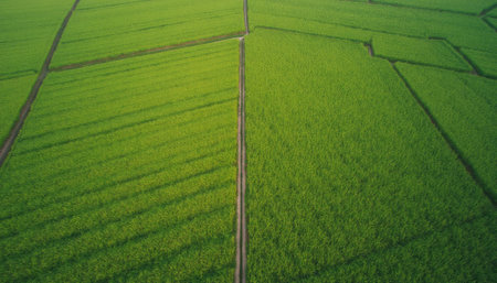 An aerial view captures the vibrant green rice fields, divided by narrow dirt paths that create a stunning geometric pattern. The image evokes a sense of tranquility and abundance, showcasing the beauty of agricultural landscapes in full bloom.の素材