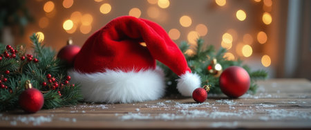 A vibrant red Santa hat rests on a rustic wooden table, surrounded by lush green pine branches and sparkling ornaments. The warm bokeh of golden lights in the background creates a cozy holiday atmosphere, evoking feelings of joy and celebration.の素材