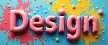 The image features the word Design crafted in glossy pink letters, surrounded by vibrant splashes of yellow and pink paint on a blue background. This lively composition captures the essence of creativity and artistic expression, making it perfect for design enthusiasts and professionals.の素材