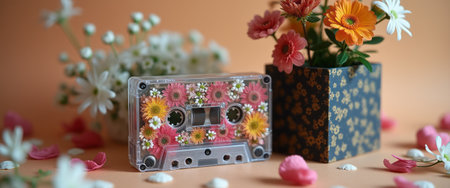 A vintage cassette tape adorned with bright flowers sits next to a decorative box filled with blooms, creating a nostalgic yet lively atmosphere. This charming scene captures the essence of retro aesthetics blended with natures beauty, evoking feelings of joy and creativity.の素材