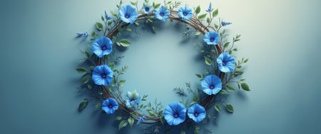 A stunning wreath adorned with vibrant blue flowers and lush green leaves rests against a calming blue background. This enchanting arrangement evokes feelings of tranquility and beauty, perfect for celebrating natures elegance.の素材