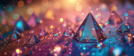 A mesmerizing array of crystal pyramids glistens against a vibrant, colorful backdrop filled with soft bokeh lights. The interplay of light and color creates a magical atmosphere, inviting viewers to explore the enchanting world of reflections and refractions.の素材