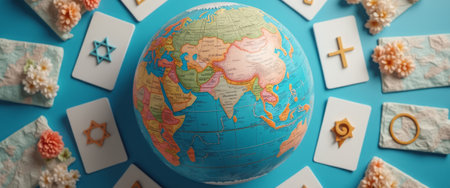 A vibrant globe sits at the center, surrounded by cards featuring various religious symbols, including a cross, star, and crescent. This image beautifully represents the diversity of world religions, emphasizing unity and understanding among different cultures.の素材
