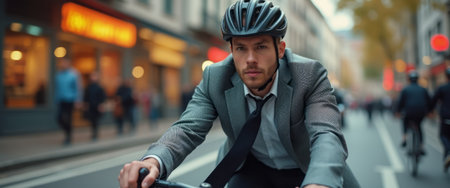 A focused young man in a suit rides his bicycle through bustling city streets, showcasing a blend of professionalism and urban lifestyle. His intense expression and helmet reflect determination, while the vibrant city backdrop adds energy to the scene.の素材
