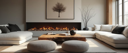 This elegant living room features a sleek fireplace and minimalist decor, creating a warm and inviting atmosphere. The natural wood coffee table and plush seating invite relaxation, while the artwork adds a touch of sophistication.の素材