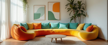 A stylish, curved sofa in bright yellow and orange hues is adorned with turquoise and green cushions, creating a lively atmosphere. The room features two abstract art pieces on the wall, enhancing the cheerful vibe and inviting a sense of comfort and creativity.の素材