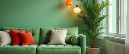 A chic green sofa adorned with colorful cushions sits against a fresh green wall, complemented by a stylish plant and warm lighting. This inviting space radiates comfort and modern elegance, perfect for relaxation and social gatherings.の素材