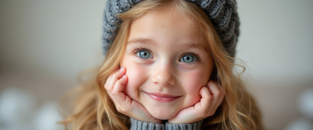 A charming young girl with flowing blonde hair and sparkling blue eyes rests her chin on her hands, radiating joy and innocence. Her cozy gray hat and soft sweater create a warm, inviting atmosphere, perfect for capturing the essence of childhood happiness.の素材