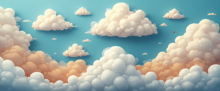 A stunning panorama of fluffy clouds drifts across a tranquil blue sky, evoking a sense of peace and wonder. The soft hues of orange and cream blend beautifully, creating a dreamy atmosphere that invites daydreaming and reflection.の素材