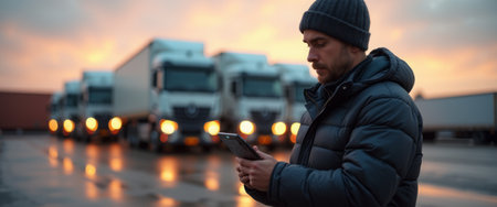A focused man in a warm beanie and puffer jacket stands on a wet surface, checking his phone as trucks glow in the background. The scene captures the essence of modern logistics, blending technology with the rugged beauty of a sunset-lit transport hub.の素材