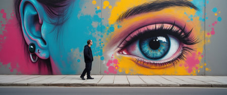 A man in a black outfit strolls along a city sidewalk, captivated by a striking mural featuring a large, colorful eye. The artwork bursts with vivid hues, blending blues, pinks, and yellows, creating a mesmerizing backdrop that highlights urban creativity and artistic expression.の素材