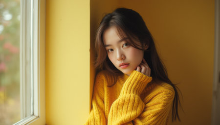 A young Asian woman leans against a sunlit window, her expression thoughtful and serene. The warm yellow tones of her oversized sweater and the wall create a cozy atmosphere, inviting feelings of comfort and introspection.の素材
