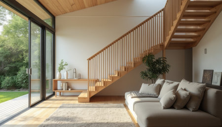 A serene modern living room features a cozy sofa and a stunning wooden staircase, bathed in natural light. The harmonious blend of wood and greenery creates a tranquil atmosphere, inviting relaxation and comfort.の素材