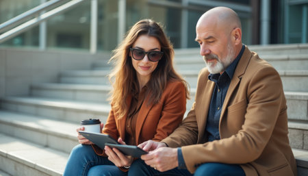 A stylish woman and a distinguished man sit on outdoor steps, engaged in a focused discussion while reviewing a tablet. Their relaxed yet professional demeanor highlights a productive partnership in a modern urban setting.の素材