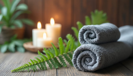 A tranquil spa scene features neatly rolled gray towels beside flickering candles and lush green ferns. This image evokes a sense of relaxation and rejuvenation, perfect for promoting wellness and self-care.の素材