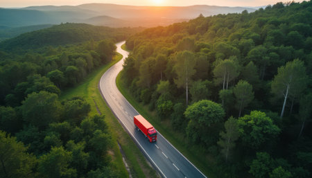 A vibrant red truck travels down a serpentine road, surrounded by lush green forests under a stunning sunset. The scene captures the essence of adventure and freedom, highlighting the beauty of nature and the thrill of the open road.の素材