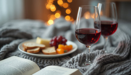 A warm, inviting scene featuring two glasses of red wine beside a plate of cheese, grapes, and orange slices, all set against a soft, knitted blanket. The twinkling lights in the background create a magical atmosphere, perfect for a relaxing evening of indulgence and comfort.の素材