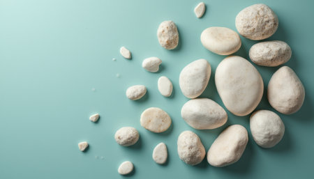 The image features a collection of smooth, white stones arranged in a dynamic pattern against a calming turquoise backdrop. The gentle contrast between the stones and the background evokes a sense of tranquility and balance, perfect for wellness or relaxation themes.の素材