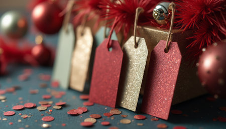 A collection of shimmering gift tags in red, gold, and teal rests on a festive backdrop of scattered confetti and ornaments. The image captures the essence of holiday cheer, inviting feelings of joy and celebration as it showcases beautifully crafted tags ready for gifting.の素材