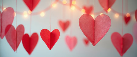 A cascade of vibrant red and pink paper hearts dangles gracefully against a soft backdrop, illuminated by warm fairy lights. This enchanting scene evokes feelings of love and celebration, perfect for romantic occasions or festive decor.の素材