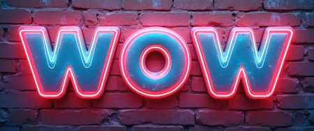This striking image features a bold neon sign spelling WOW, illuminated in vibrant pink and blue hues against a rustic brick wall. The glowing letters create an electrifying atmosphere, perfect for capturing attention and evoking excitement in any creative project.の素材