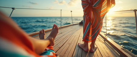 A tranquil scene captures two pairs of feet on a wooden deck, with one person standing and the other reclining, as the sun sets over the shimmering ocean. The vibrant colors of their beachwear contrast beautifully with the golden hues of the sunset, evoking a sense of relaxation and blissful escape.の素材