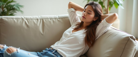 A serene young woman with long dark hair reclines on a plush beige couch, exuding calmness and comfort. Her casual outfit and relaxed posture create an inviting atmosphere, perfect for unwinding and enjoying peaceful moments.の素材