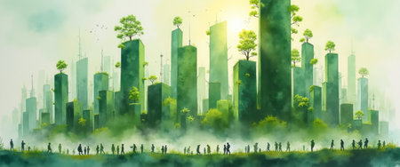 A vibrant, futuristic cityscape features towering green skyscrapers adorned with lush trees, symbolizing harmony between nature and urban life. Silhouetted figures walk along the foreground, representing humanitys connection to this eco-friendly environment.の素材