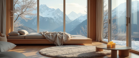 This tranquil bedroom features a stunning view of snow-capped mountains through large glass windows, inviting nature indoors. Soft textures, warm wood tones, and a plush rug create a peaceful atmosphere, perfect for relaxation and reflection.の素材