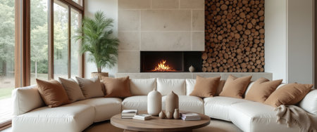 This inviting living room features a plush, curved white sofa adorned with earthy-toned cushions, creating a serene atmosphere. A stylish wooden coffee table sits in front of a sleek fireplace, surrounded by a backdrop of neatly stacked logs, enhancing the cozy, modern aesthetic.の素材