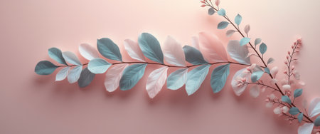 A stunning arrangement of pastel-colored leaves gracefully sprawls across a soft pink backdrop, creating a serene and dreamy atmosphere. The gentle hues of blue and pink evoke feelings of tranquility and elegance, making this image perfect for nature-inspired designs.の素材