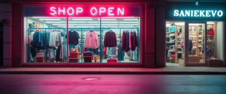 Two lively storefronts glow under neon lights, one displaying SHOP OPEN and the other labeled SANIEKEVO. The scene captures the bustling energy of a nighttime shopping district, inviting passersby to explore the colorful array of clothing and accessories.の素材