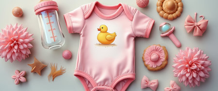 This charming image features a pink baby onesie adorned with a cheerful duck illustration, surrounded by delightful baby items like a bottle, flowers, and toys. The soft pastel colors and whimsical elements create a joyful atmosphere, perfect for celebrating new life and baby showers.の素材