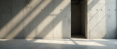 A spacious, minimalist interior showcases raw concrete walls illuminated by striking diagonal shadows. The interplay of light and shadow creates a serene yet dynamic atmosphere, perfect for modern architectural designs.の素材