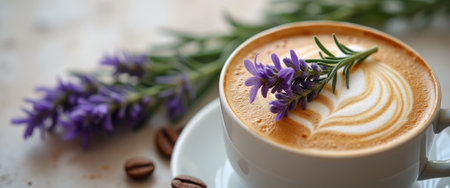 A beautifully crafted lavender latte sits elegantly in a white cup, adorned with delicate foam art and fresh lavender sprigs. The warm tones of the coffee blend harmoniously with the vibrant purple flowers, creating a serene and inviting atmosphere.の素材