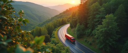 A vibrant red truck navigates a winding road surrounded by lush green mountains, illuminated by the warm glow of a sunset. The scene captures the essence of adventure and freedom, inviting viewers to experience the beauty of nature and the thrill of the open road.の素材