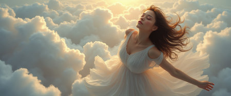 A serene woman in a delicate white dress floats gracefully among soft, billowing clouds, illuminated by a warm golden light. This ethereal scene captures a moment of freedom and tranquility, evoking feelings of peace and wonder as she embraces the beauty of the sky.の素材