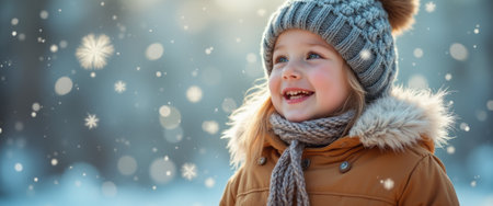 A cheerful young girl with blonde hair smiles brightly while snowflakes gently fall around her. Dressed in a cozy winter coat and knitted hat, she embodies the pure joy of winter wonder.の素材