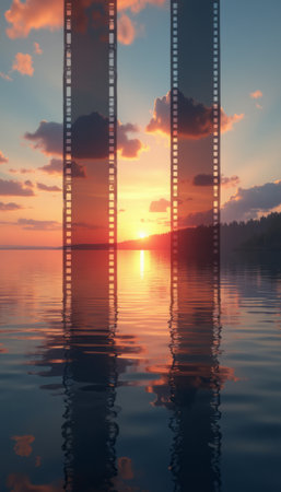 A stunning sunset casts vibrant hues across the water, framed by two vertical film strips that create a unique artistic effect. The tranquil scene captures the beauty of nature and the essence of storytelling, blending cinematic elements with a serene landscape.の素材