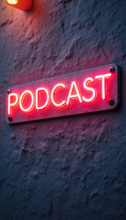 The image features a striking neon sign that boldly spells out PODCAST in bright red letters, illuminating a textured gray wall. This captivating visual evokes a modern, creative atmosphere, perfect for promoting audio content and digital media.の素材