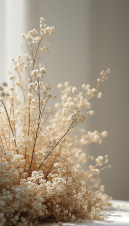 A beautiful arrangement of delicate dried flowers captures the essence of tranquility, bathed in soft, warm sunlight. The gentle hues and intricate details evoke a sense of calm and nostalgia, perfect for enhancing any serene space.の素材
