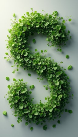 The image features a striking letter S crafted from an array of lush green leaves, symbolizing nature and growth. This vibrant composition evokes feelings of freshness and vitality, perfect for themes of sustainability and eco-friendliness.の素材