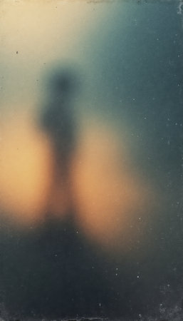 A blurred silhouette stands against a warm, glowing backdrop, creating an air of mystery and intrigue. The ethereal quality of the image evokes feelings of contemplation and wonder, inviting viewers to ponder the identity and story behind the figure.の素材